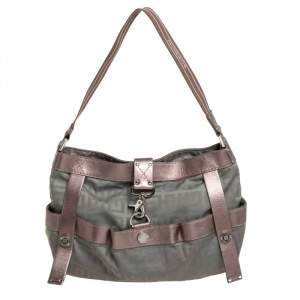 Pre Owned Givenchy Green/Brown Monogram Fabric and Leather Clasp Flap Hobo