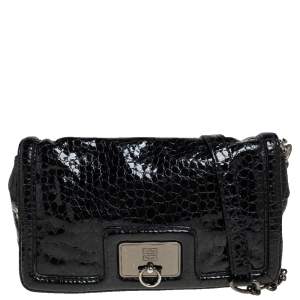 Givenchy Black Croc Embossed Patent Leather Flap Chain Bag
