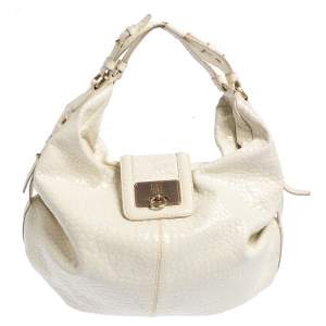 Pre Owned Givenchy Off White Patent Leather Flap Logo Hobo