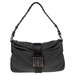 Pre Owned Givenchy Grey/Black Denim and Croc Embossed Leather Hobo