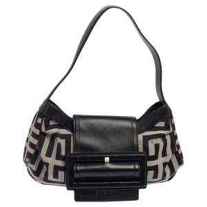 Pre Owned Givenchy Black Monogram Canvas and Leather Buckle Flap Hobo