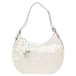 Pre Owned Givenchy White Shimmery Signature Canvas and Leather Trim Hobo