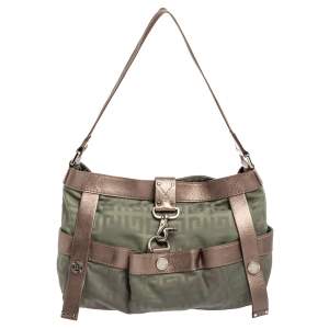 Pre Owned Givenchy Green/Brown Monogram Fabric and Leather Clasp Flap Hobo
