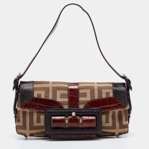 Pre Owned Givenchy Brown Zucca Canvas and Leather Trimmed Baguette