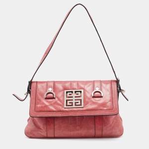 Pre Owned Givenchy Rose Pink Leather Logo Flap Baguette