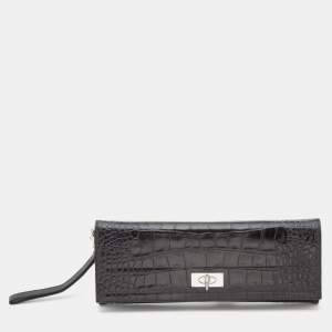 Givenchy Black Croc Embossed Leather Shark Tooth Long Wristlet Clutch