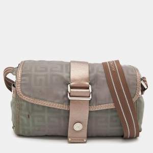 Pre Owned Givenchy Green/Metallic Signature Nylon and Leather Flap Shoulder Bag 