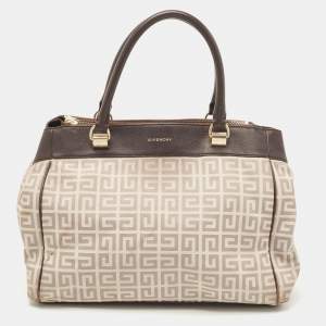 Pre Owned Givenchy Dark Brown/Beige Monogram Canvas and Leather Double Zip Tote