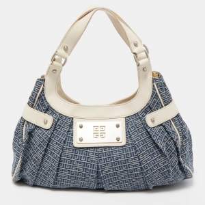 Givenchy Blue/White Monogram Denim and Leather Pleated Hobo