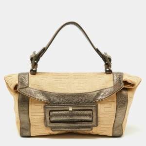 Pre Owned Givenchy Beige/Metallic Signature Canvas and Leather Top Handle Bag