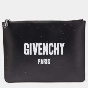 Givenchy Black/Logo  Leather Distressed Logo Zip Pouch