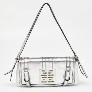 Pre Owned Givenchy Silver Leather Logo Shoulder Bag