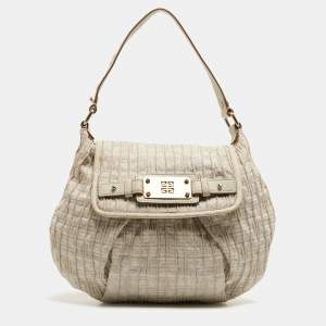 Pre Owned Givenchy Off-White/Gold Monogram Canvas And Leather Flap Hobo