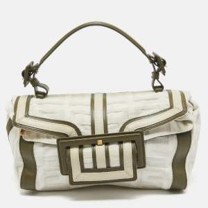 Givenchy White/Olive Green Signature Fabric and Leather Top Handle Bag