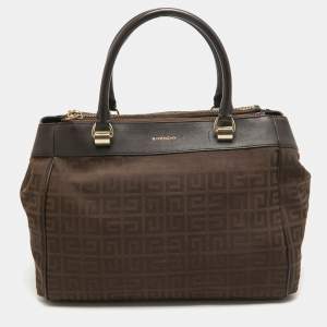 Pre Owned Givenchy Dark Brown Signature Canvas and Leather Double Zip Tote