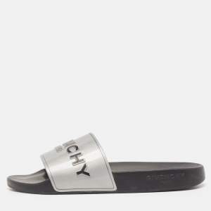 Givenchy Silver Rubber Logo Flat Slides Size 40
