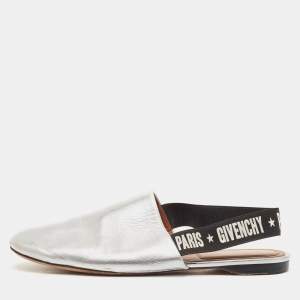 Givenchy Sliver Leather Rivington Logo Slingback Flat Mules Size 38