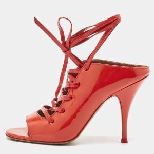 Givenchy Coral Red Patent Leather Lace Up Backless Mule Sandals Size 40