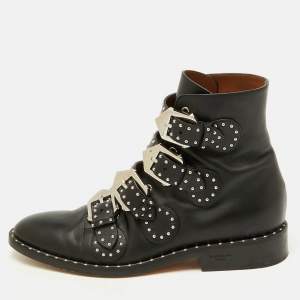 Givenchy Black Leather Studded Buckle Detail Ankle Boots Size 38