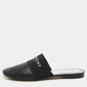 Givenchy Black Leather and Elastic Bedford Flat Mules Size 37.5