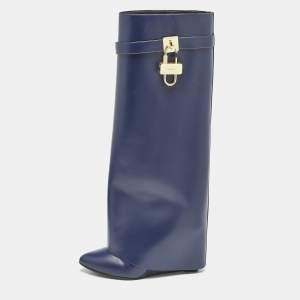Givenchy Navy Blue Leather Shark Lock Knee Length Boots Size 39