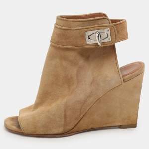 Givenchy Beige Suede Shark Lock Peep-Toe Wedge Booties Size 35