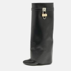 Givenchy Black Leather Shark Lock Wedge Knee High Boots Size 39
