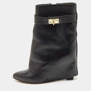 Givenchy Black Leather Shark Lock Wedge Ankle Length Boots Size 38