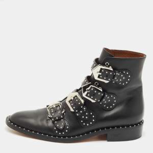 Givenchy Black Leather Studded Buckle Detail Ankle Boots Size 39