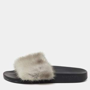 Pre Owned Givenchy Grey Mink Fur Flat Slide Sandals Size 37