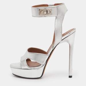 Pre Owned Givenchy Silver Leather Shark Lock Ankle Strap Sandals Size 36.5