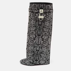 Pre Owned Givenchy Black Satin Snake Effect Crystal Embellished Shark Lock Knee Length Boots Size 38
