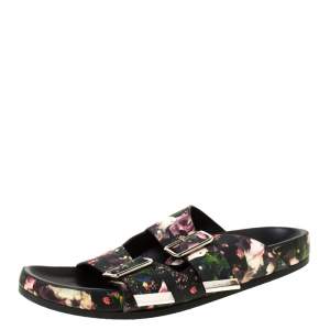 Givenchy Multicolor Floral Print Leather Double Buckle Banded Flat Slides Size 38