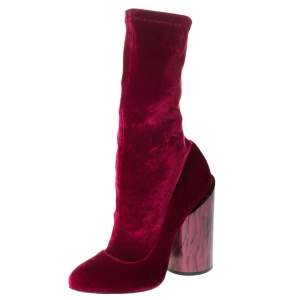 Givenchy Red Velvet Mother Of Pearl Block Heel Mid Calf Boots Size 38