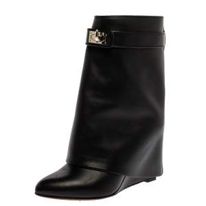 Pre Owned Givenchy Black Leather Shark Lock Wedge Ankle Boots Size 39