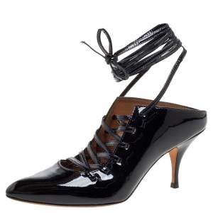 Pre Owned Givenchy Black Patent Leather Lace Wrap Mule Pumps Size 38