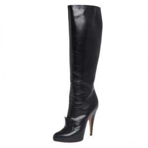 Pre Owned Givenchy Black Leather Knee Length Boots Size 39