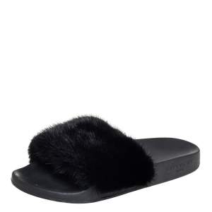 Pre Owned Givenchy Black Mink Fur Flat Slides Size 38