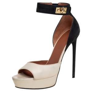 Givenchy Cream/Black Leather Shark Lock Ankle Strap Open Toe Platform Sandals Size 40