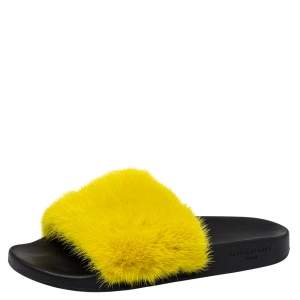Pre Owned Givenchy Yellow Mink Fur Flat Slides Size 41