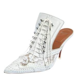 Givenchy White Brogue Leather and Lace Maremma Mules Size 37