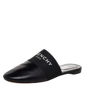 Pre Owned Givenchy Black Leather Logo Mules Size 35