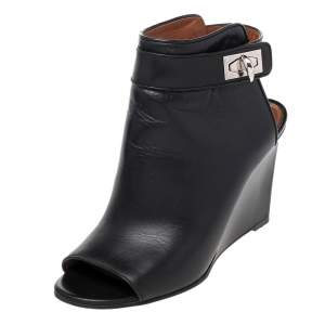 Givenchy Black Leather Shark Lock Peep-Toe Wedge Booties Size 38