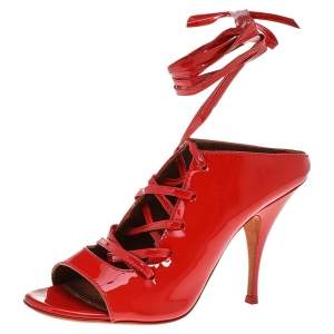 Givenchy Orange Patent Leather Lace Up Slide Sandals Size 39