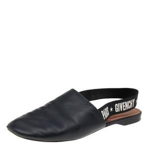 Givenchy Black Leather Rivington Logo Slingback Flat Mules Size 38