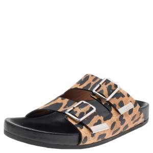 Givenchy Beige/Black Leopard Print Lizard Embossed Leather Flat Slides Size 37