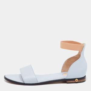 Givenchy Light Blue/Beige Leather and Elastic Ankle-Strap Flat Sandals Size 40