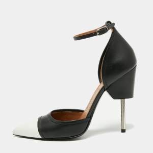 Givenchy Black/White Leather Screw Heel Ankle Strap D'orsay Pumps Size 39.5