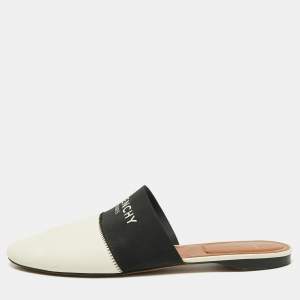 Pre Owned Givenchy White Leather And Logo Strecth Band Bedford Flat Mules Size 39