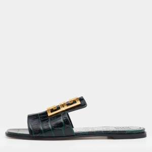 Pre Owned Givenchy Green Croc Embossed Leather 4G Flat Slides Size 38